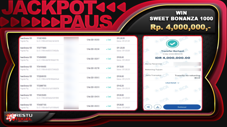 Bukti Jackpot RESTUTOGEL Slot Online Kamis 12 Maret 2026 Rp. 4,000,000  – LUNAS
