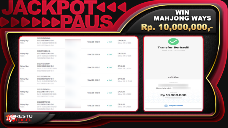 Bukti Jackpot RESTUTOGEL Slot Online Jum’at 13 Maret 2026 Rp. 10,000,000  – LUNAS