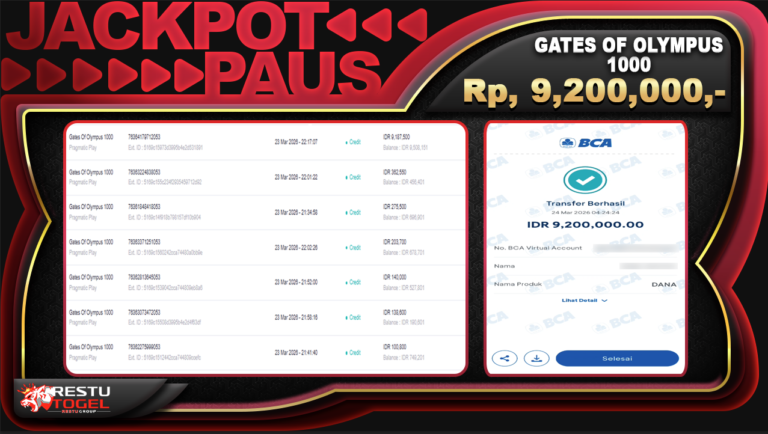 Bukti Jackpot RESTUTOGEL Slot Online Rabu 24 Maret 2026 Rp. 9,200,000 – LUNAS