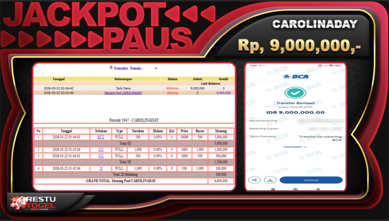 Bukti Jackpot RESTUTOGEL Togel Online Minggu 22 Maret 2026 Rp. 9,000,000 – LUNAS.