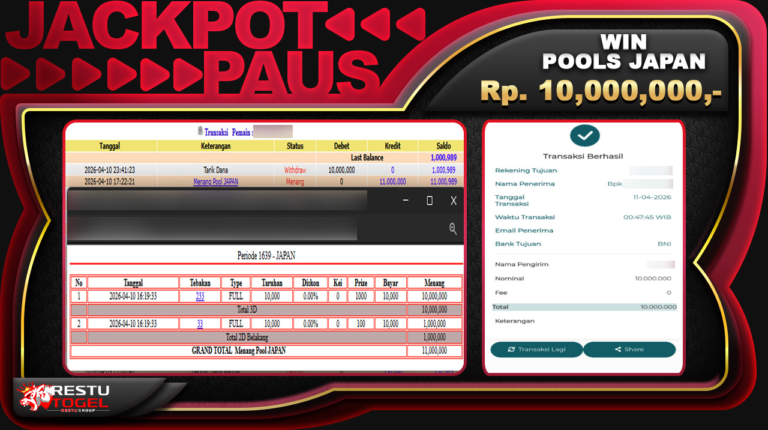 Bukti Jackpot RESTUTOGEL Togel Online Minggu 12 April 2026 Rp. 10,000,000 – LUNAS