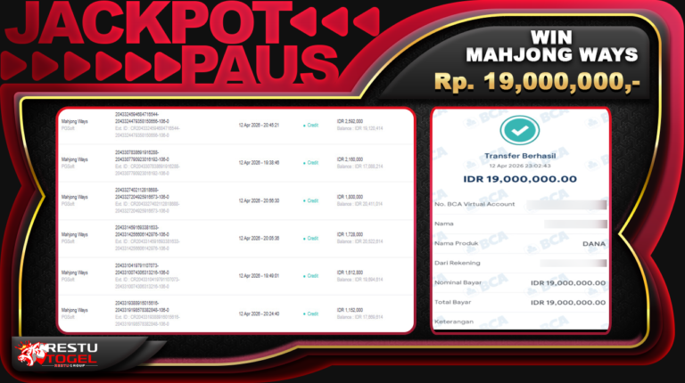 Bukti Jackpot RESTUTOGEL Slot Online Senin 13 April 2026 Rp. 19,000,000 – LUNAS
