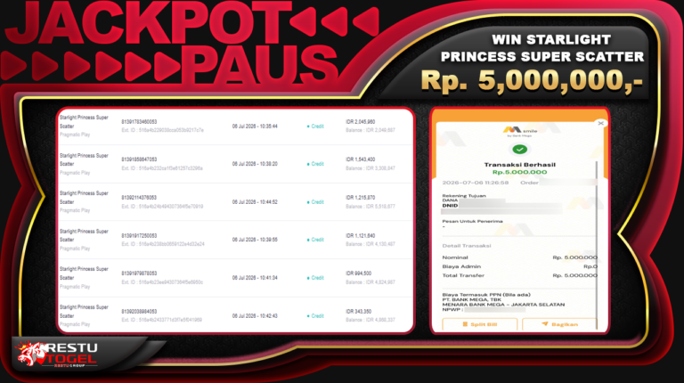 Bukti Jackpot RESTUTOGEL Slot Online Senin 06 Juli 2026 Rp. 5,000,000 – LUNAS